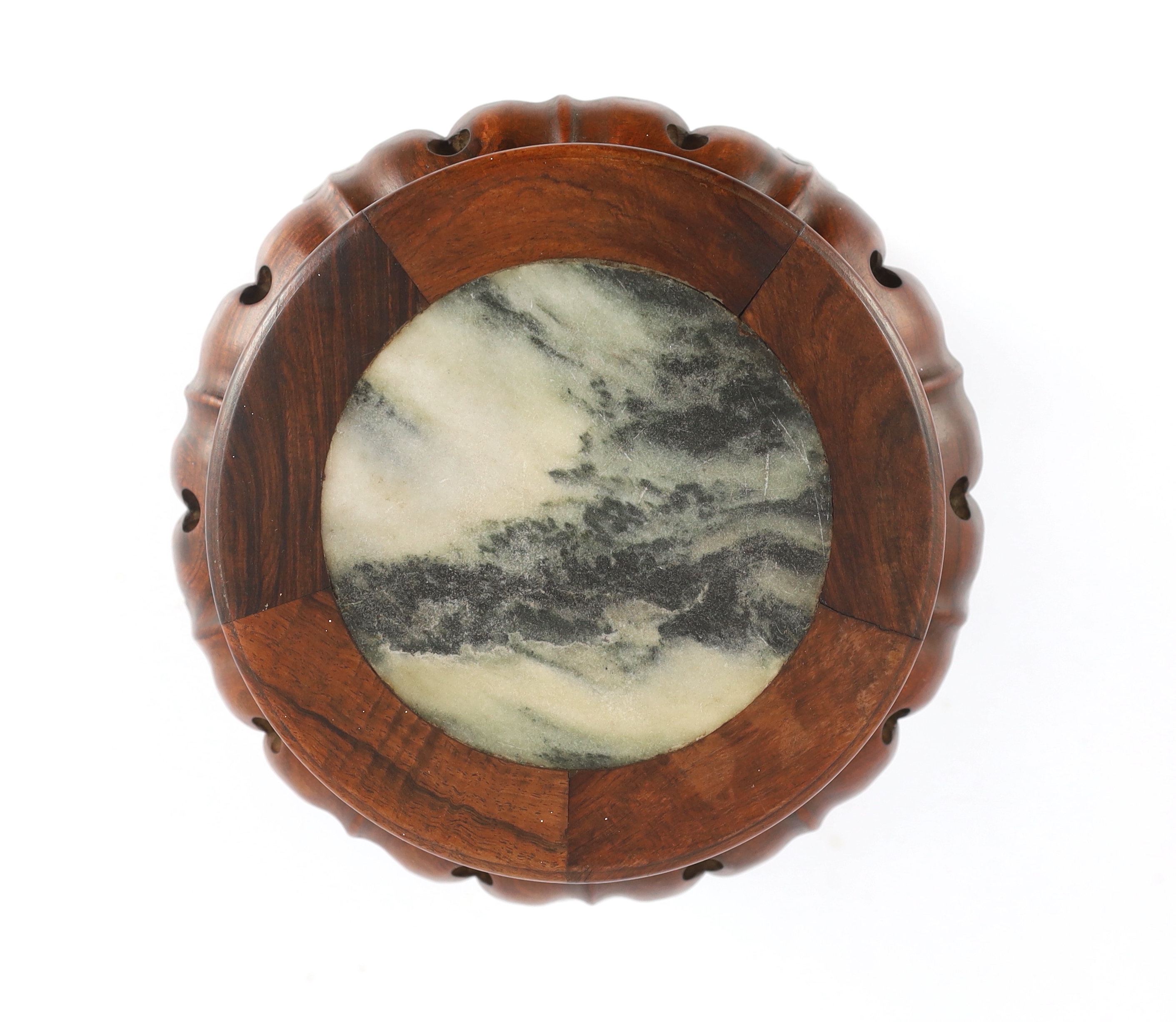 A Chinese huali and marble inset stand, 19th century, the white and grey marble inset top above a lotus petalled frieze, on five scrolled legs joined by a stretcher, 21cm wide